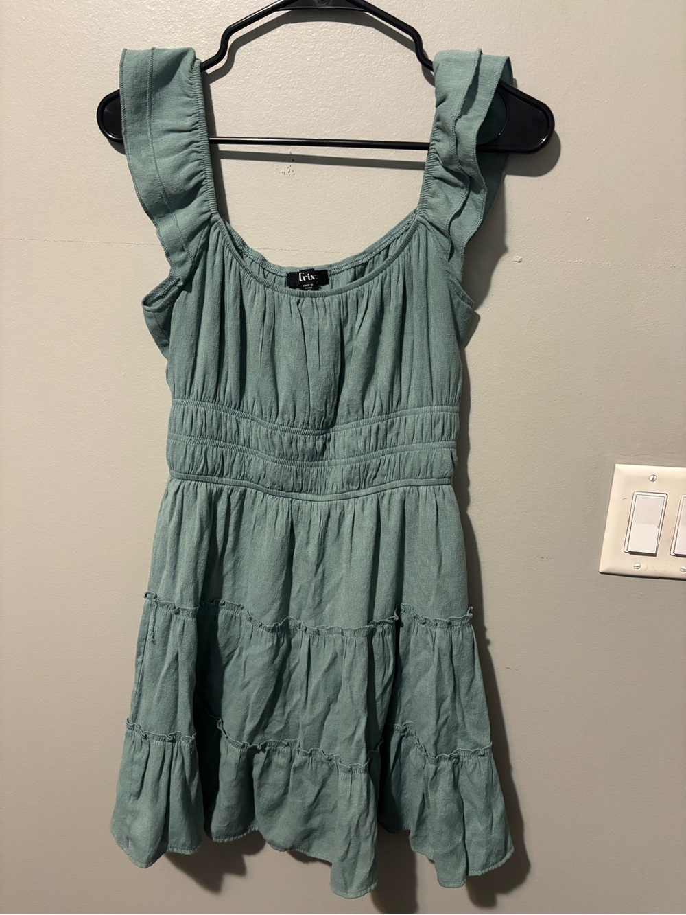 Trixxi Sage Green Tiered Ruffle Strap Dress